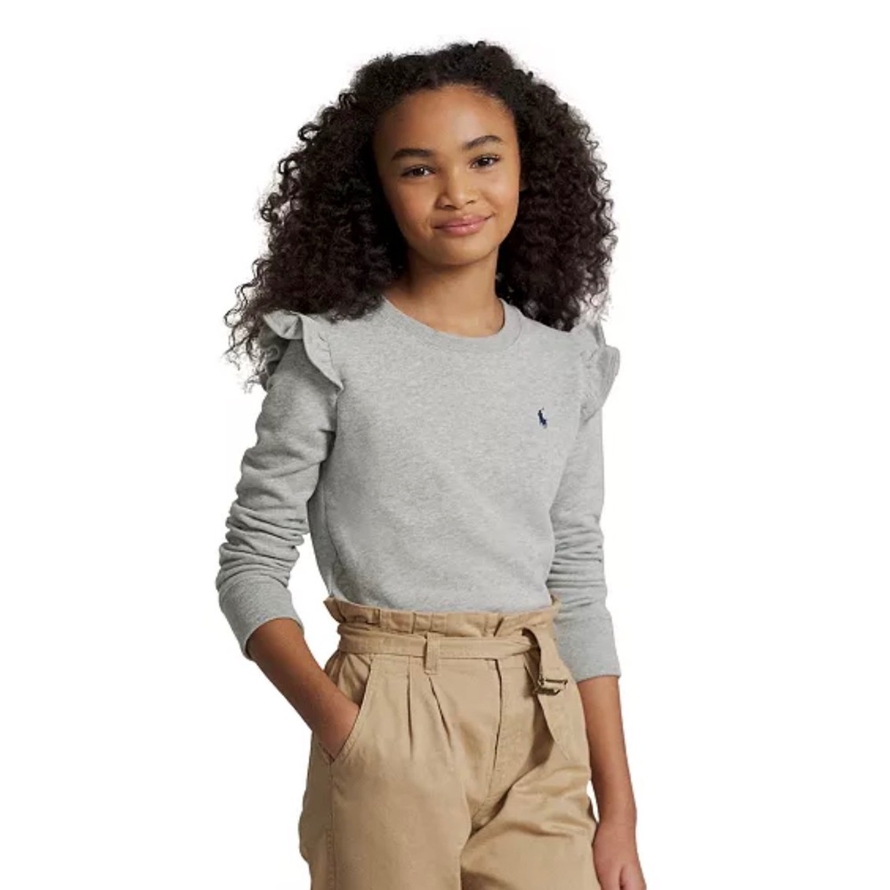 Polo Ralph Lauren Girls Gray‎ Ruffle Shoulder Fleece Sweatshirt Size 5 Pony Logo